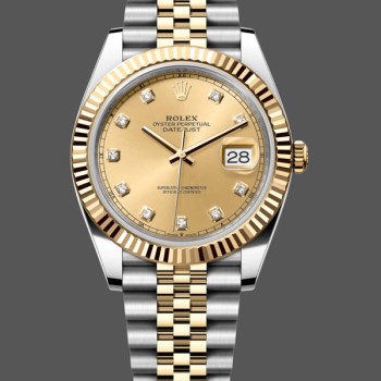 Super Clone Men's Rolex Datejust 41mm Men's-M126333-0012-Champagne Diamond Dial-Two Tone Yellow Gold