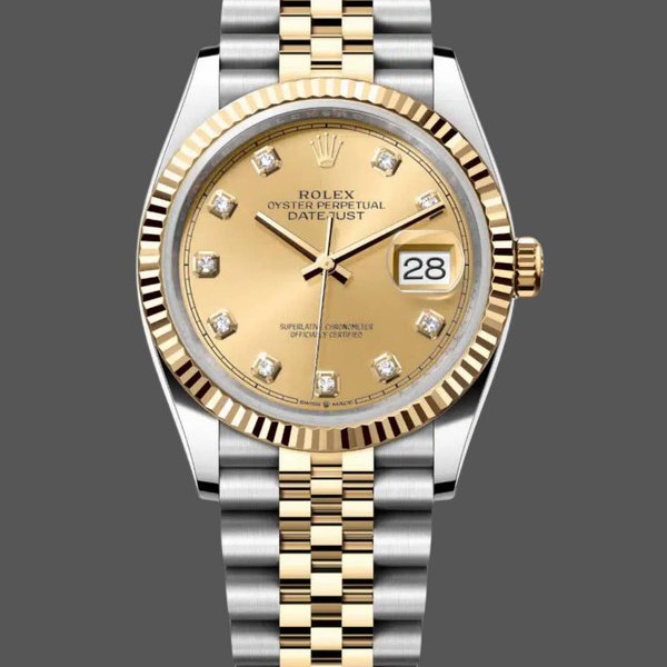 Super Clone Unisex's Rolex Datejust 36mm Unisex-126233-Champagne Diamond Dial-Fluted Bezel Champagne