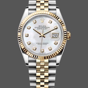 Super Clone Unisex's Rolex Datejust 36mm Unisex-126233-White MOP Diamond Dial-Fluted Bezel MOP