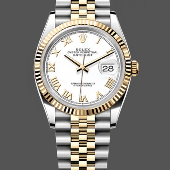 Super Clone Unisex's Rolex Datejust 36mm Unisex-126233-White Roman Dial-Fluted Bezel White