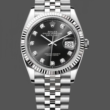 Super Clone Unisex's Rolex Datejust 36mm Unisex-126234-Fluted Bezel-Black Diamond Dial Black