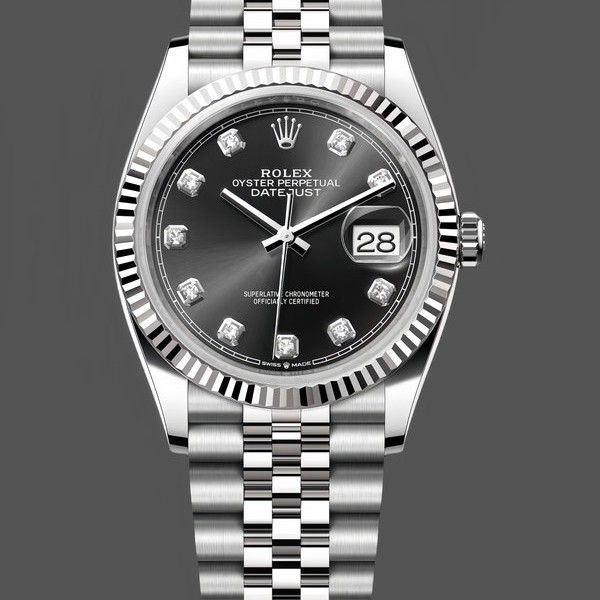 Super Clone Unisex's Rolex Datejust 36mm Unisex-126234-Fluted Bezel-Black Diamond Dial Black
