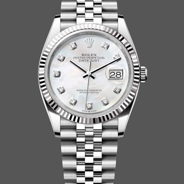Super Clone Unisex's Rolex Datejust 36mm Unisex-126234-White Mother of Pearl-Diamonds Dial MOP