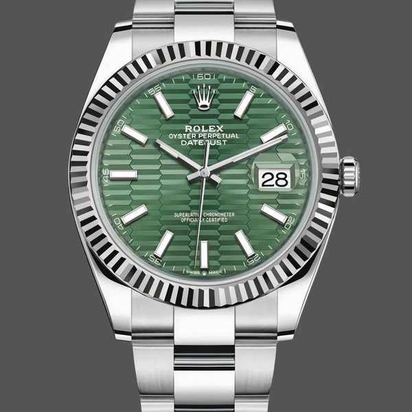 Super Clone Men's Rolex Datejust 41mm Men's-126334 0029-Fluted Bezel-Green Motif Dial Green