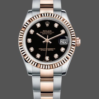Super Clone Women's Rolex Datejust-179171, 26mm, Diamond Black Dial, Fluted Bezel, Lady Black