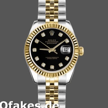 Super Clone Women's Rolex Datejust-179173, 26mm, Black Diamond Dial, Fluted Bezel, Lady Black