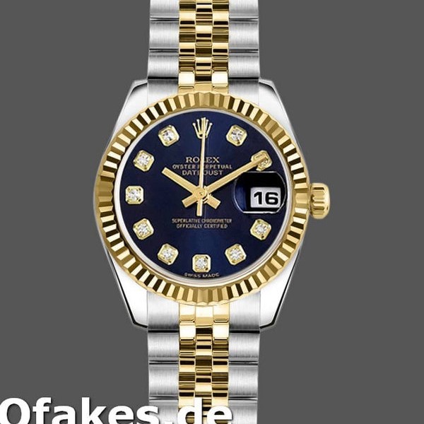 Super Clone Women's Rolex Datejust-179173, 26mm, Blue Diamond Dial, Fluted Bezel, Lady Blue