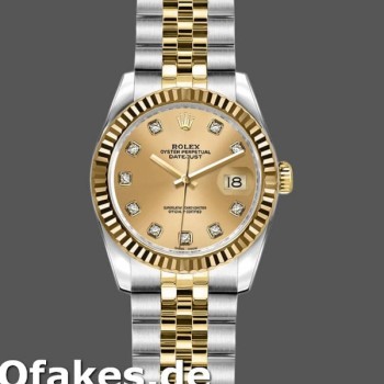 Super Clone Women's Rolex Datejust-179173, 26mm, Champagne Diamond Dial, Fluted Bezel, Lady Champagne
