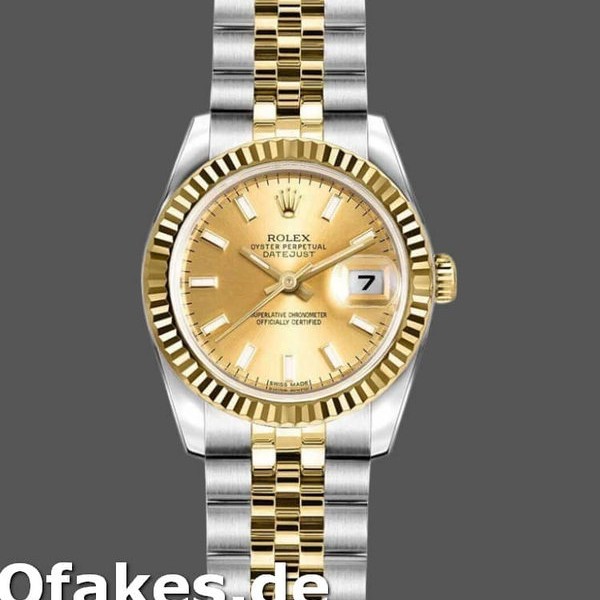 Super Clone Women's Rolex Datejust-179173, 26mm, Champagne Index Dial, Fluted Bezel, Lady Champagne