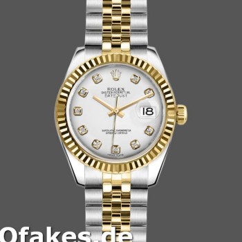 Super Clone Women's Rolex Datejust-179173, 26mm, White Diamond Dial, Fluted Bezel, Lady White