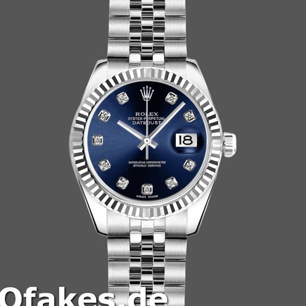 Super Clone Women's Rolex Datejust-179174, 26mm, Blue Diamond Dial, Fluted Bezel, Lady Blue