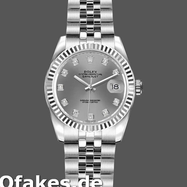 Super Clone Women's Rolex Datejust-179174, 26mm, Rhodium Grey Diamond Dial, Fluted Bezel, Lady Grey
