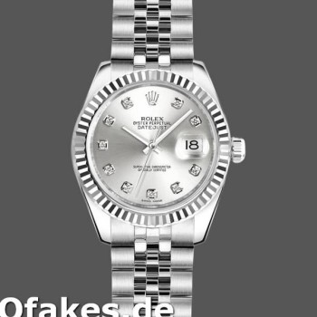 Super Clone Women's Rolex Datejust-179174, 26mm, Silver Diamond Dial, Fluted Bezel, Lady Silver