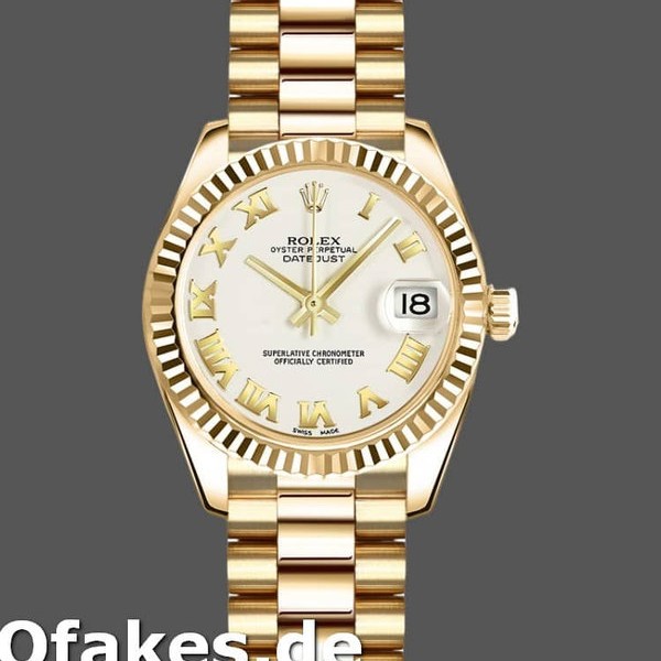 Super Clone Women's Rolex Datejust-179178, 26mm, Yellow Gold, White Roman Dial, Lady White