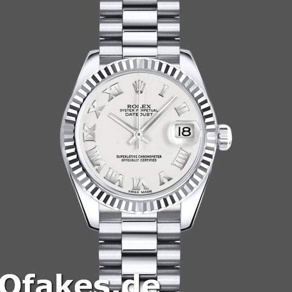 Super Clone Women's Rolex Datejust-179179, 26mm, White Roman Numeral Dial, Fluted Bezel, Lady White