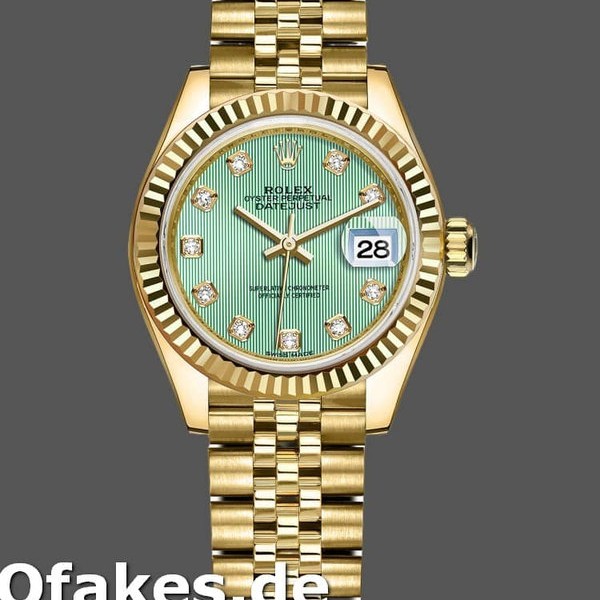 Super Clone Women's Rolex Datejust-279178, 28mm, Yellow Gold, Mint Green Diamond Dial, Lady Mint Green