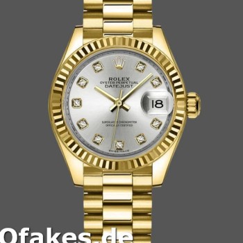 Super Clone Women's Rolex Datejust-279178, 28mm, Yellow Gold, Silver Diamond Mark Dial, Fluted Bezel, Lady Silver