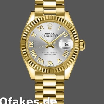 Super Clone Women's Rolex Datejust-279178, 28mm, Yellow Gold, Silver Roman Dial, Fluted Bezel, Lady Silver