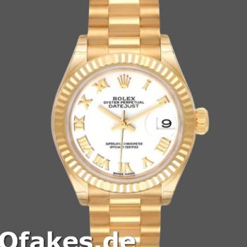Super Clone Women's Rolex Datejust-279178, 28mm, Yellow Gold, White Roman Dial, Fluted Bezel, Lady White