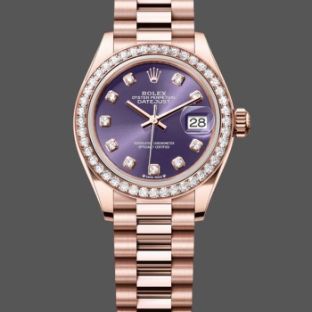 Super Clone Women's Rolex Datejust 28-m279135rbr 0020, Everose Gold, Aubergine Diamond Dial, President, Women’s Purple Dial