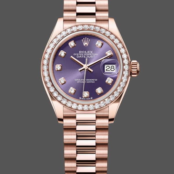 Super Clone Women's Rolex Datejust 28-m279135rbr 0020, Everose Gold, Aubergine Diamond Dial, President, Women’s Purple Dial
