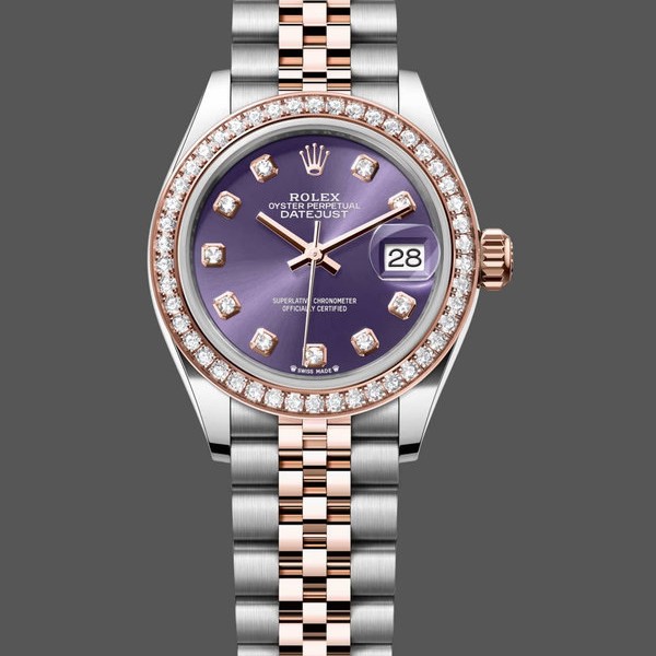Super Clone Women's Rolex Datejust 28-m279381rbr 0015, Everose Gold, Aubergine Diamond, Lady’s Purple Dial