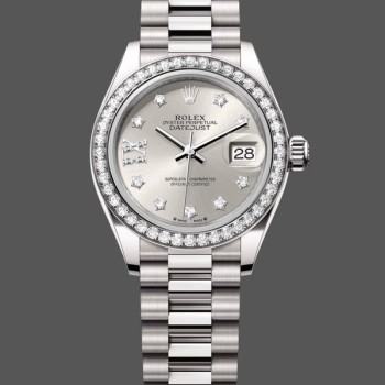 Super Clone Women's Rolex Datejust 28mm White Gold Silver Diamond President Dial - 279139RBR 0003 Silver Dial