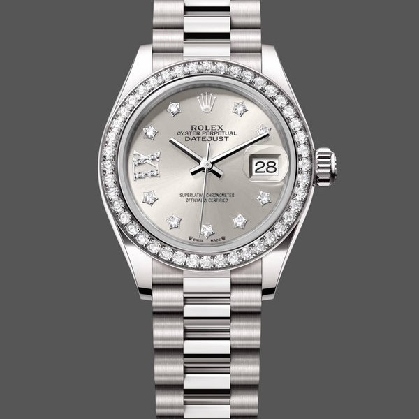 Super Clone Women's Rolex Datejust 28mm White Gold Silver Diamond President Dial - 279139RBR 0003 Silver Dial