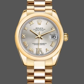 Super Clone Women's Rolex Datejust 31-178248, Silver VI, Diamond Dial, 18K Yellow Gold, Silver Dial
