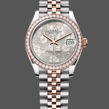 Super Clone Women's Rolex Datejust 31-m278381rbr, Two-Tone, Silver Floral-Motif, Diamond Bezel, Women’s Silver Floral Motif Dial