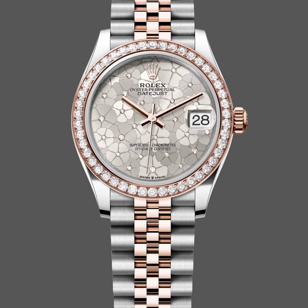 Super Clone Women's Rolex Datejust 31-m278381rbr, Two-Tone, Silver Floral-Motif, Diamond Bezel, Women’s Silver Floral Motif Dial