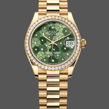 Super Clone Women's Rolex Datejust 31-M278288RBR 0038, Yellow Gold, Olive Green, Floral Motif, Diamond Bezel Green Dial