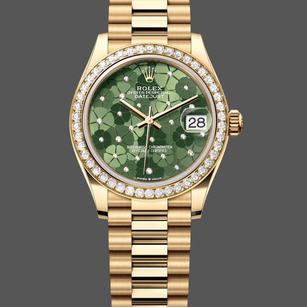 Super Clone Women's Rolex Datejust 31-M278288RBR 0038, Yellow Gold, Olive Green, Floral Motif, Diamond Bezel Green Dial
