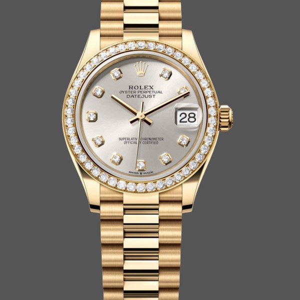 Super Clone Women's Rolex Datejust 31-M278288RBR 0028, Yellow Gold, Silver Diamond Dial, Diamond Bezel, Women’s Silver Dial