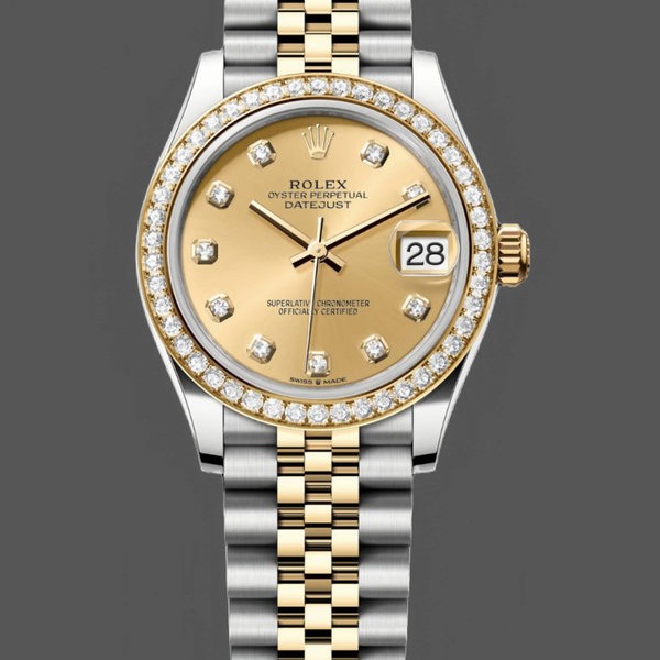 Super Clone Women's Rolex Datejust 31-278383RBR 0026, Stainless Steel & Yellow Gold, Champagne Diamond Jubilee, Champagne