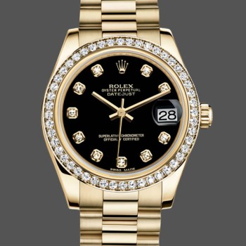 Super Clone Women's Rolex Datejust 31-178288 0011, 31mm, Yellow Gold, Black Dial, Ladies Black Dial