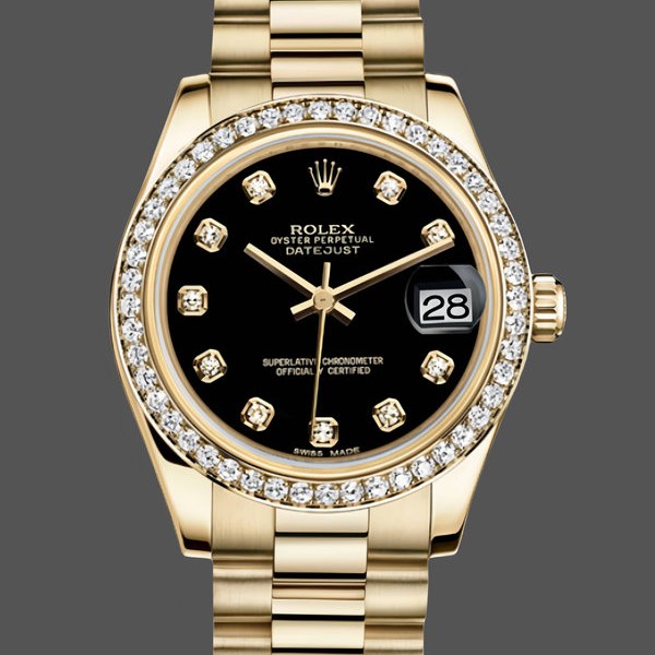 Super Clone Women's Rolex Datejust 31-178288 0011, 31mm, Yellow Gold, Black Dial, Ladies Black Dial