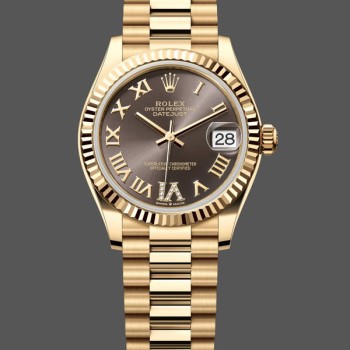 Super Clone Women's Rolex Datejust 31-M278278, Yellow Gold, Dark Grey Roman VI, President Dark Grey Dial