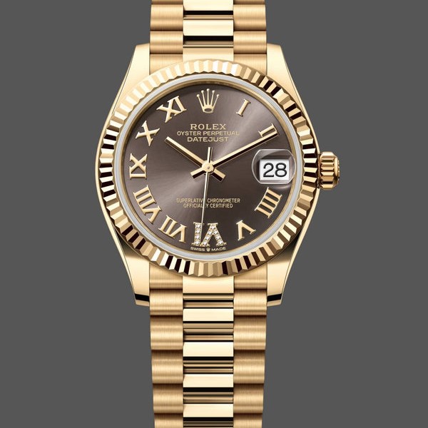 Super Clone Women's Rolex Datejust 31-M278278, Yellow Gold, Dark Grey Roman VI, President Dark Grey Dial