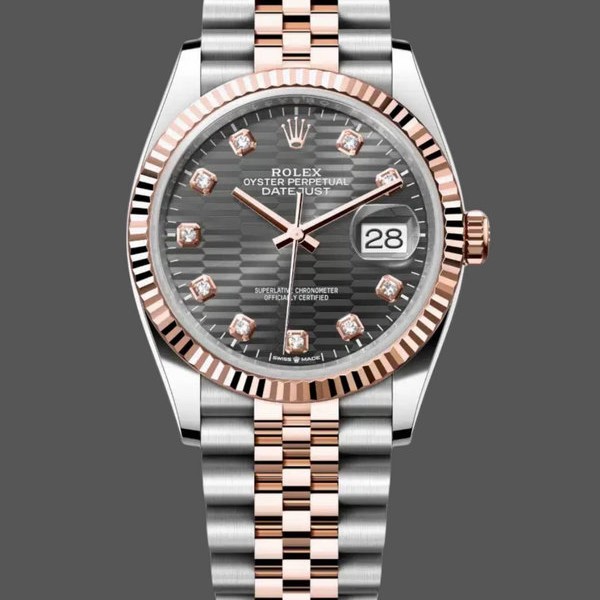 Super Clone Unisex's Rolex Datejust 36-126231 0041, 18K Everose Gold, Fluted Bezel, Unisex Slate Grey Fluted Motif Dial