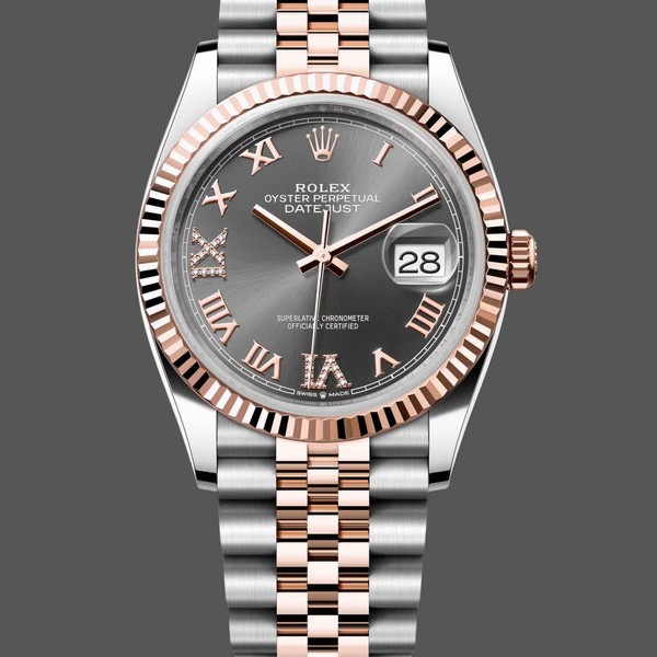 Super Clone Women's Rolex Datejust 36-m126231 0023, Everose Gold, Slate Diamond Pave Roman Dial, Women’s Grey Dial