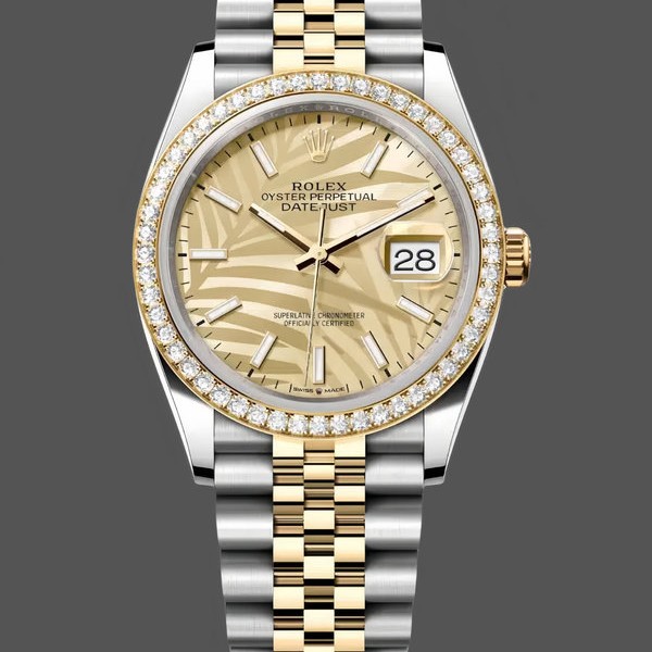 Super Clone Women's Rolex Datejust 36-126283RBR, Golden Palm Motif, 0023 Dial, Jubilee Bracelet Golden Palm Motif Dial
