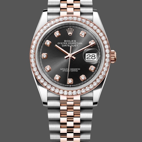 Super Clone Women's Rolex Datejust 36mm Everose Gold Black Dial Diamond Bezel m126281rbr 0007 Black Dial