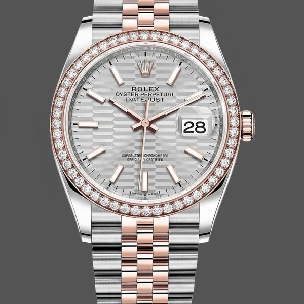 Super Clone Unisex's Rolex Datejust 36MM Steel & Everose Gold Silver Fluted-Motif Dial Diamond Bezel M126281RBR Grey Dial