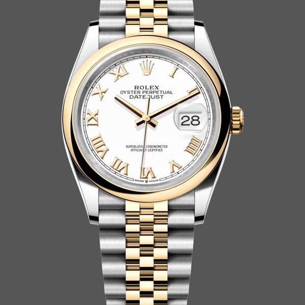 Super Clone Women's Rolex Datejust 36-126203 0029, Two-Tone, White Dial, Roman Numerals, White Dial