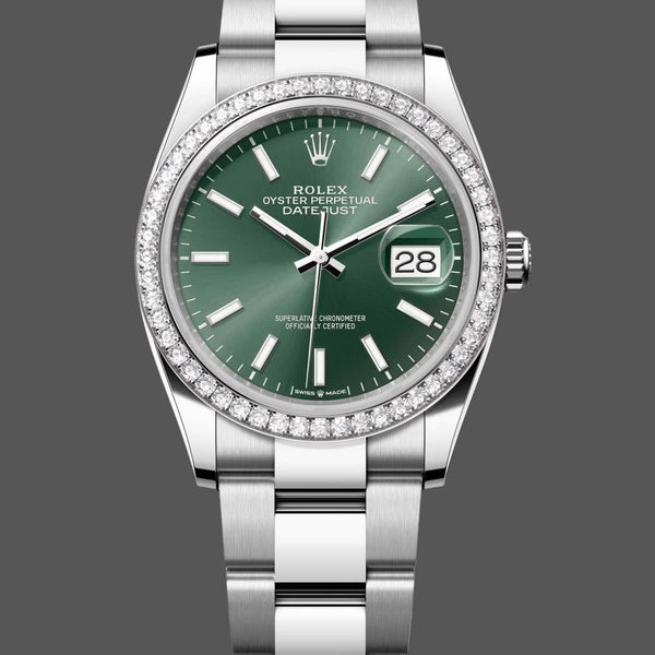 Super Clone Women's Rolex Datejust 36-M126284RBR 0044, White Gold & Diamonds, Mint Green Dial, Women’s Green Dial