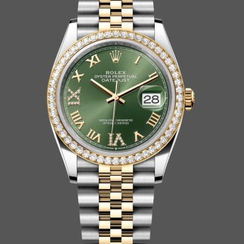 Super Clone Women's Rolex Datejust 36-m126283rbr 0011, Yellow Gold & Diamonds, Olive Green Diamond Pave Roman Dial, Green Dial