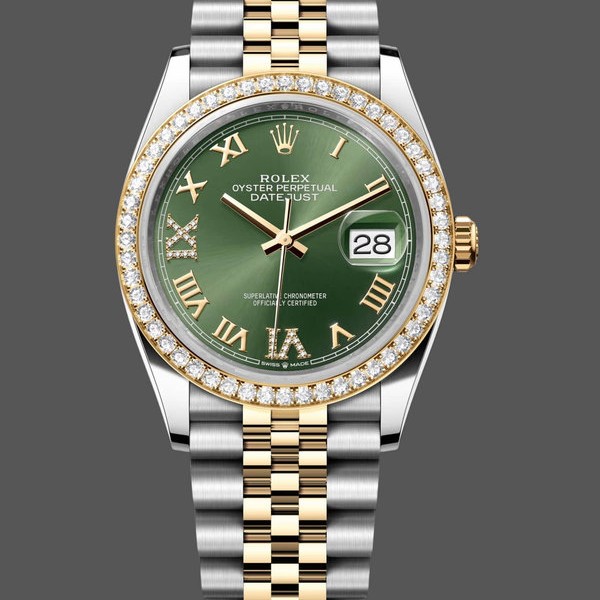 Super Clone Women's Rolex Datejust 36-m126283rbr 0011, Yellow Gold & Diamonds, Olive Green Diamond Pave Roman Dial, Green Dial