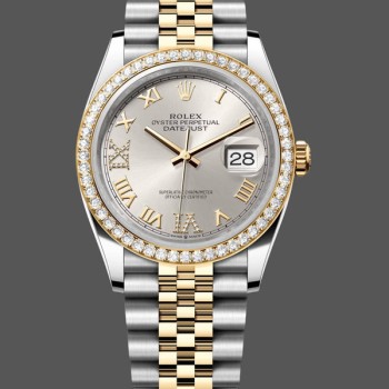 Super Clone Women's Rolex Datejust 36-m126283rbr 0017, Yellow Gold & Diamonds, Silver Diamond Pave Roman Dial, Silver Dial
