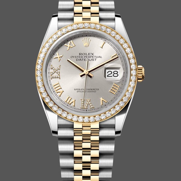 Super Clone Women's Rolex Datejust 36-m126283rbr 0017, Yellow Gold & Diamonds, Silver Diamond Pave Roman Dial, Silver Dial